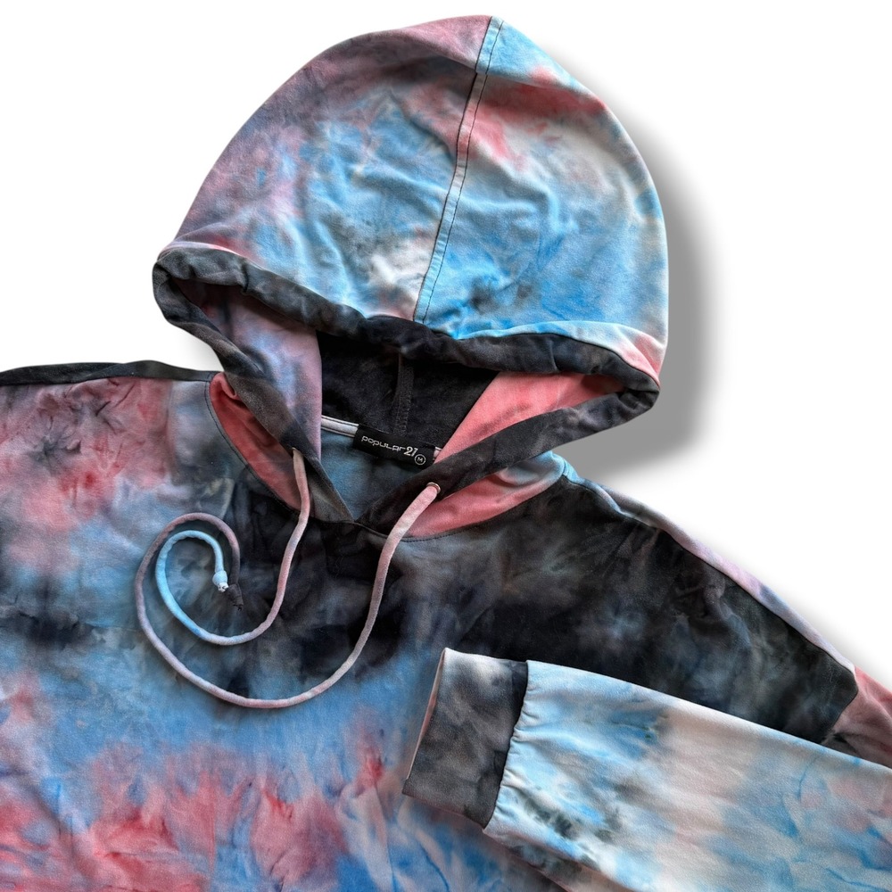 Popular 21 Women M Blue Pink Black Tie Dye Cropped Oversized Hoodie Boho Hipster